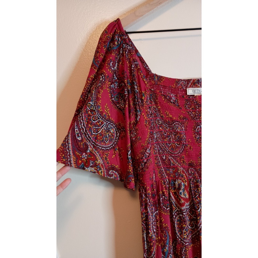 Fat Face Paisley Jersey Dress Cherry Red Size 4 NWT Smocked Pockets Boho Casual - Picture 4 of 13